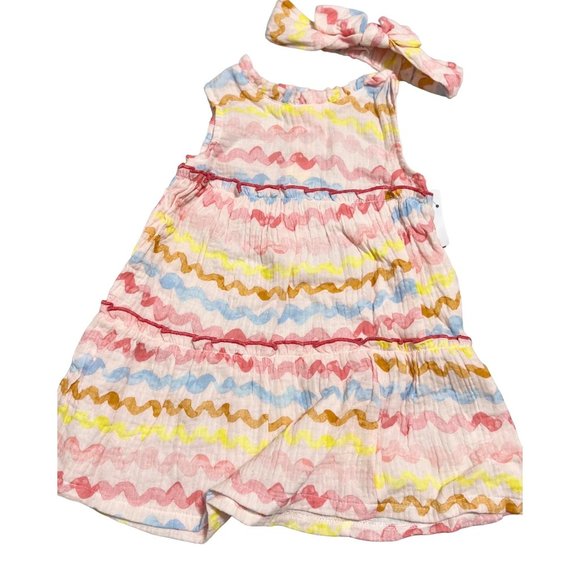 Mud Pie 12-18m NWT Rainbow stripe tiered dress set headband cotton gauze 2pc - Picture 2 of 3